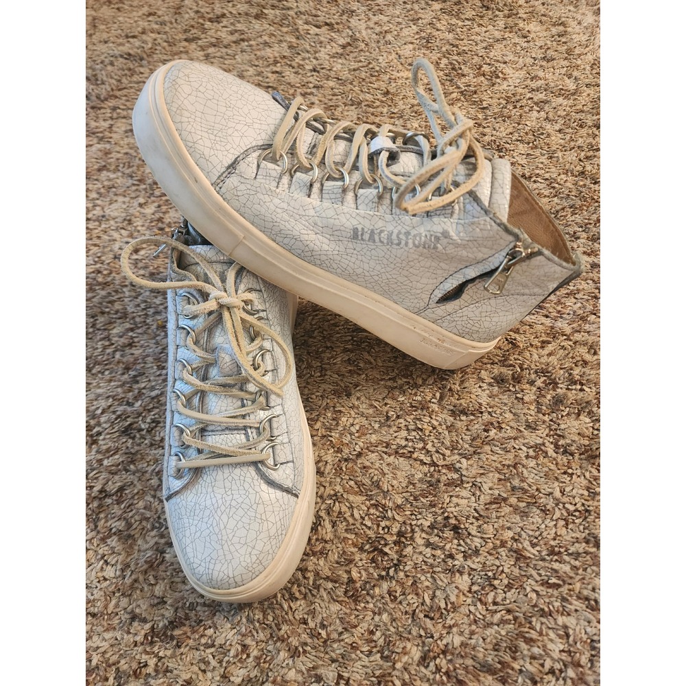 Blackstone LL60 Crackled Leather Mid Top Side Zip Sneakers Blue White 7‎